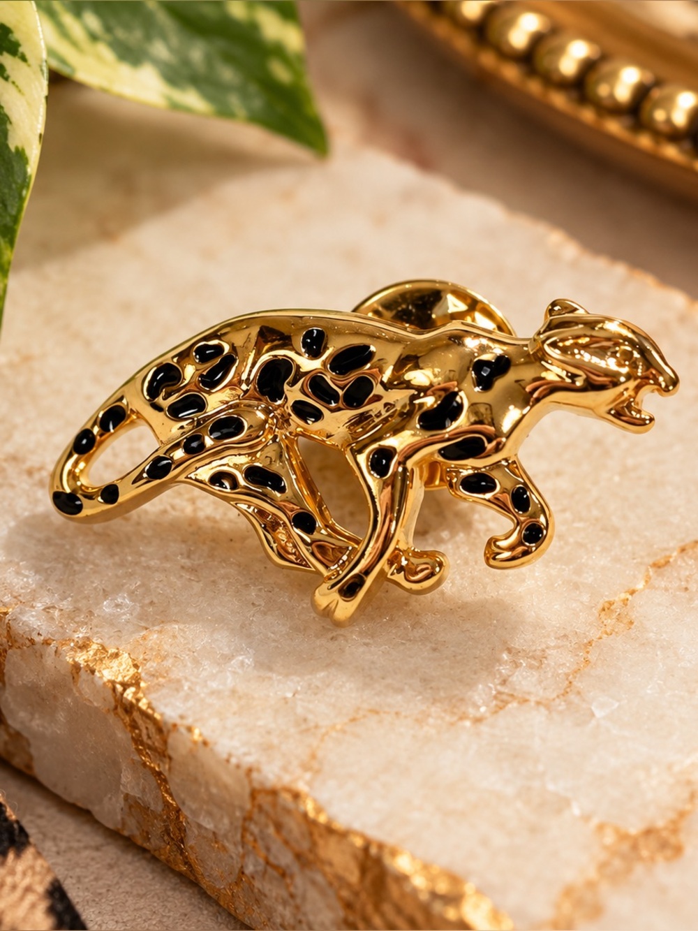 Vintage Jackie Collins Leopard Pin Pendant Gold Tone Black Enamel Couture